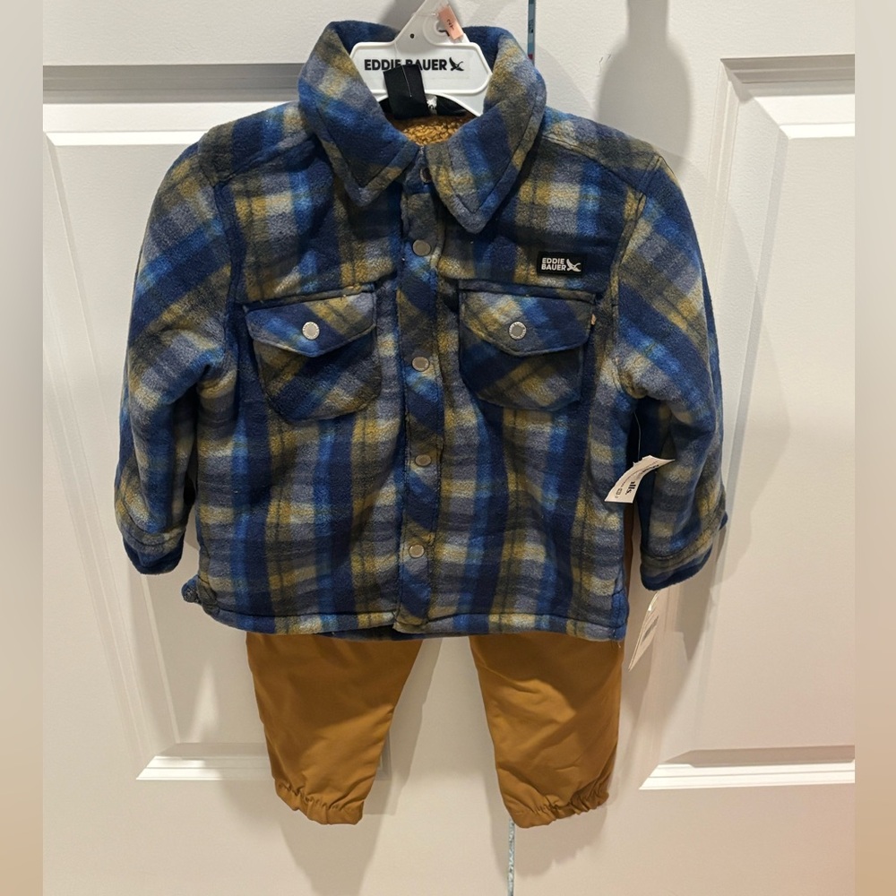 NWT Boys Eddie Bauer Blue & Olive Plaid Fleece Shirt Jacket and Pants Set - 2T